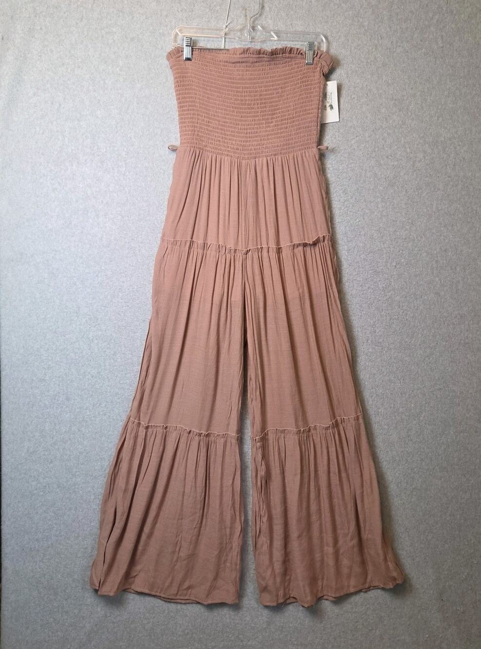 NWT Love Tree Mauve Strapless Smocked Wide Leg Ruffle Jumpsuit Women's Medium